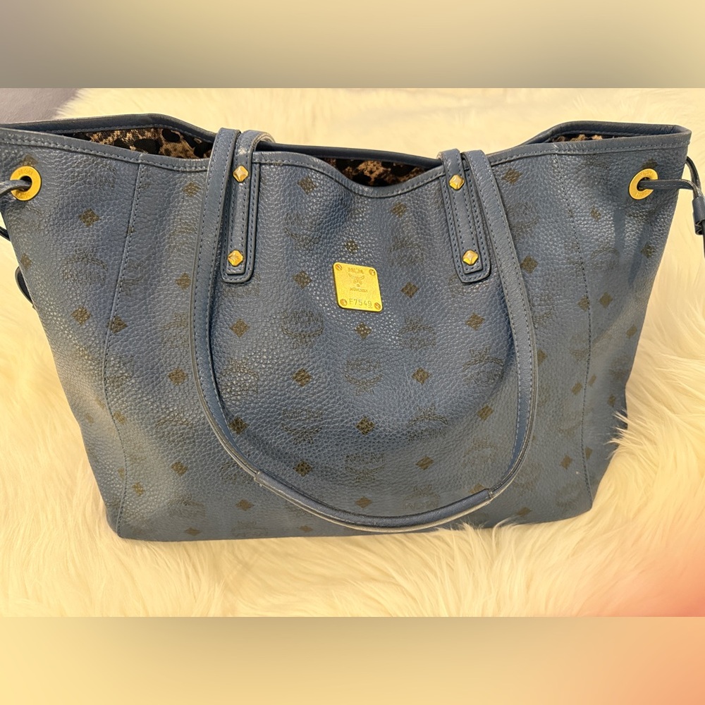 MCM Blue/Black Leather Reversible Snake Print Boho Tote bag